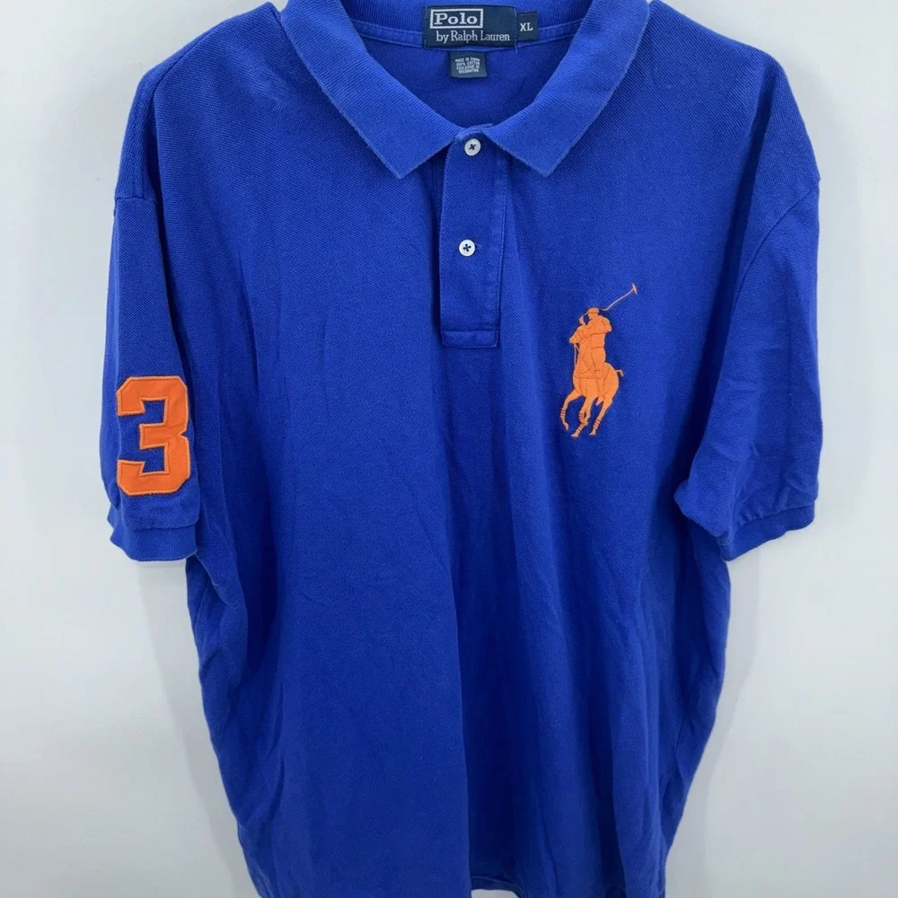 Polo Ralph Lauren Blue Short Sleeve Polo Shirt Large Orang Pony Size XL Vintage